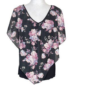 NAIF Women's Black Floral Sheer Drape Shawl V-Neck Blouse Top Size Large